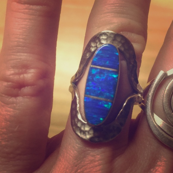 Aqua inlay size 7 fire opal hammered silver ring Taxco NWOT - Picture 7 of 7